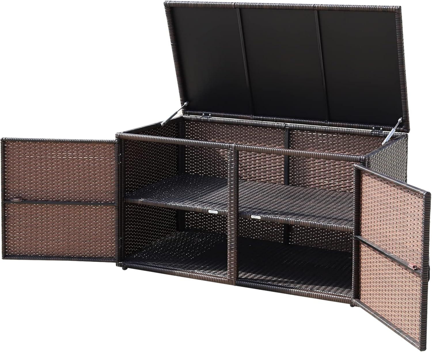 Contenitore KOMFOTTEU Cassapanca da Esterno da 330L in Rattan Telaio in Acciaio Baule da Giardin Resistente ai Raggi UV Mobile Balcone Impermeabile a 2 Ripiani 115 x 60 x 65 Marrone per Cortile