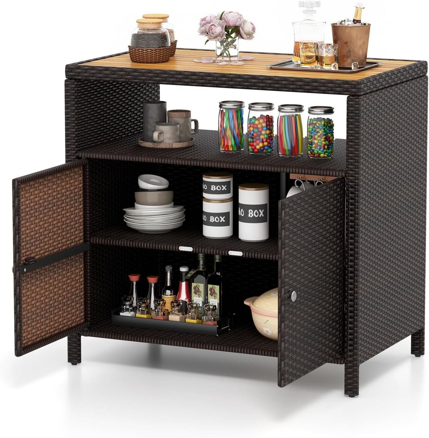Armadietto COSTWAY Portaoggetti in Rattan Mobile Buffet in di Acacia Con Compartimento Aperto e Armadio Chiuso a 2 Ante x x Legno Marrone per Esterni per Piscina Terrazza e Patio 90 53 86