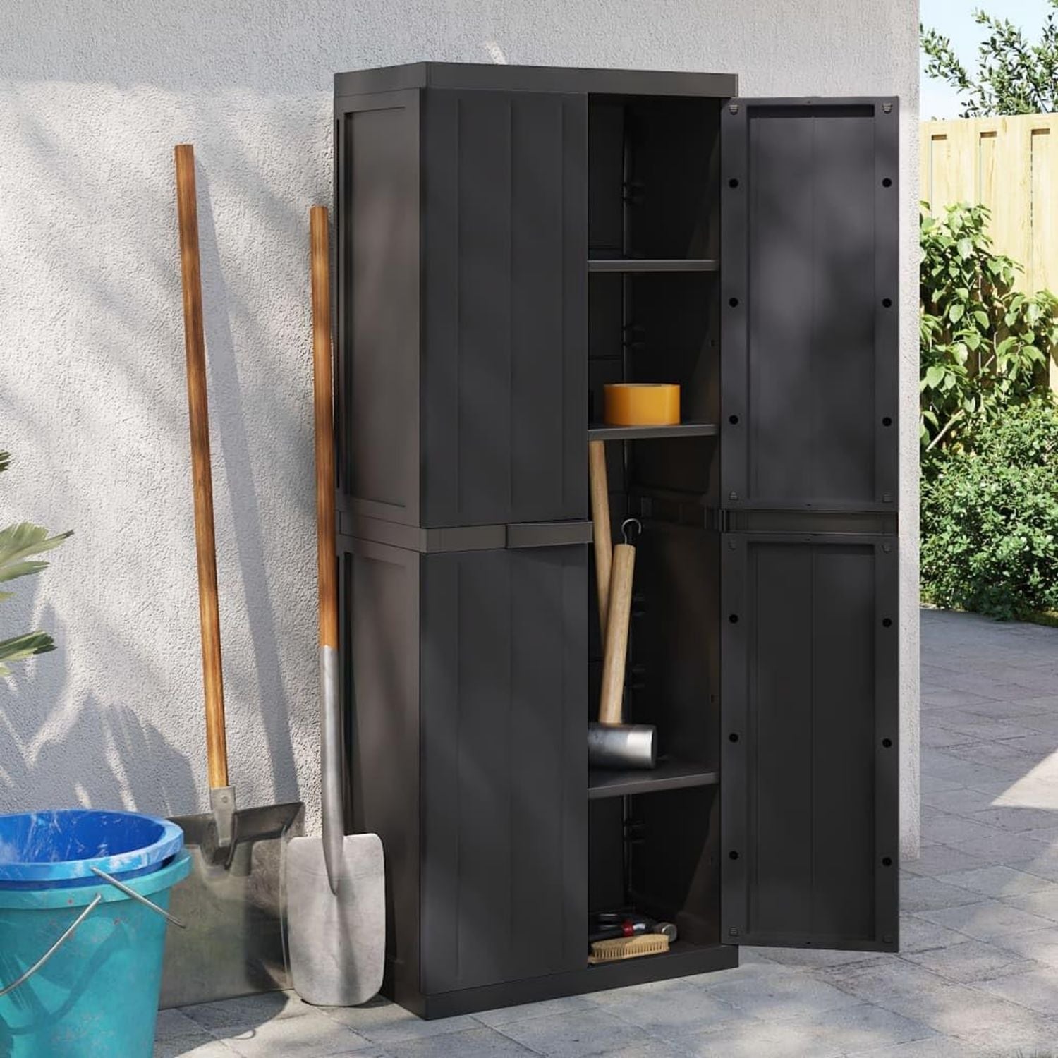 Armadietto da esterno in PP 65 37 165 cm resistente alle intemperie armadio da giardino con serratura verticale nero per patio cortile e organizzazione del