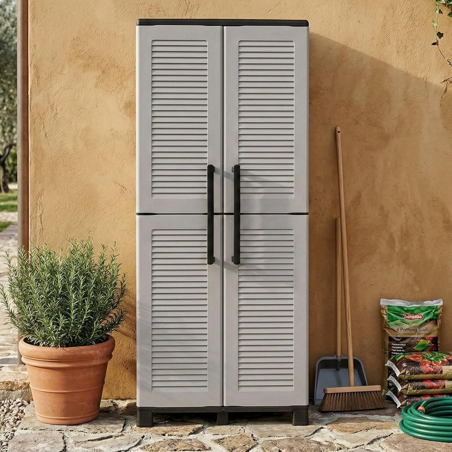 Armadio Dmora da esterno Veurne porta scope Mobile outdoor 2 ante 100 Made in Italy cm chiaro e Finitura righe 68 x 37h169 Grigio